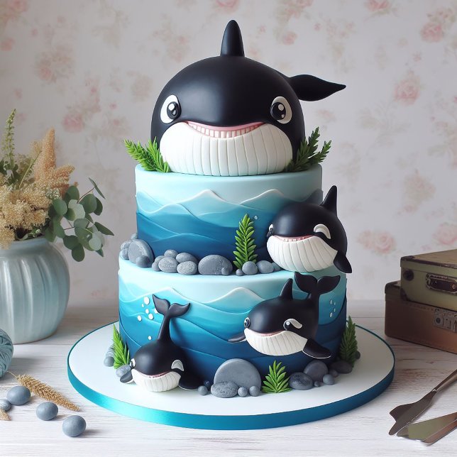CARTE GÂTEAU D'ANNIVERSAIRE NOIR ET BLANC D'ORCA (Créateur téléchargé)