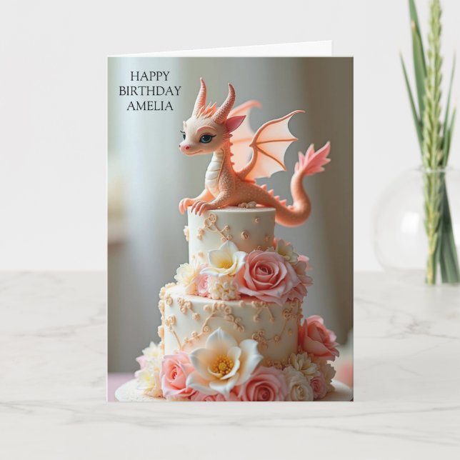Carte Gâteau rose à l'anniversaire Gâteau Dragon Salutat (Devant)