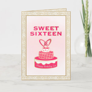 Carte Gâteau vintage en Sweet sixteen à cadre fleuri ros