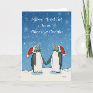 Carte Gay Couple Noël mignon Pingouins Snowflakes
