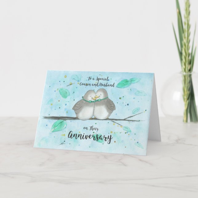 Carte Gay Cousin & Mari Anniversaire Mignonne Lovebirds (Devant)