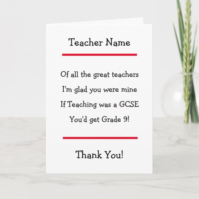 Carte GCSE de l'enseignant Merci (Devant)
