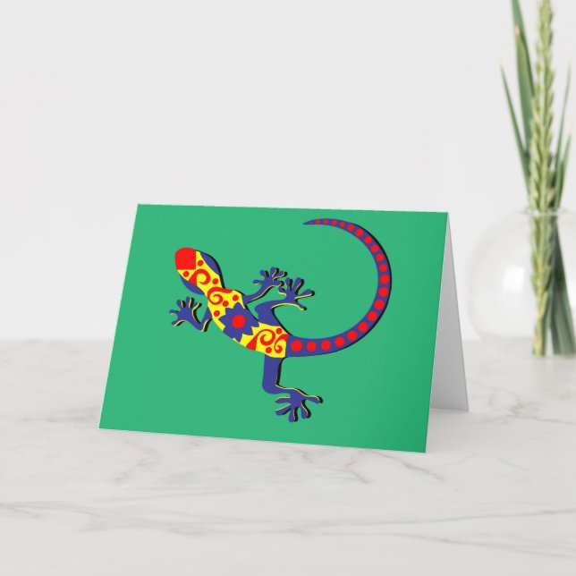 Carte Gecko de style mexicain bleu, rouge et jaune (Devant)