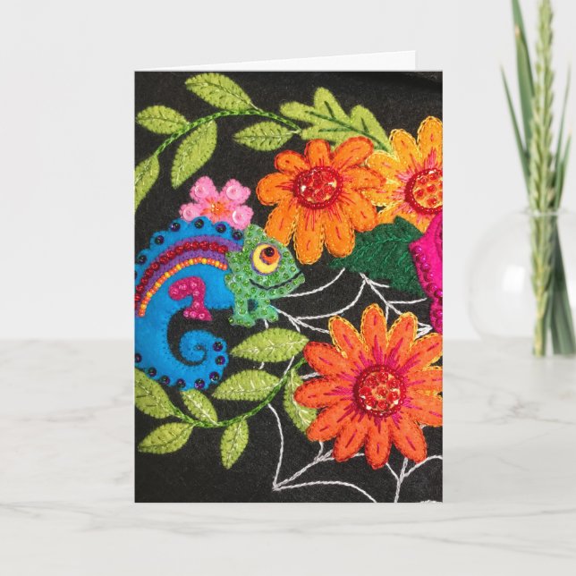 Carte Gecko Lézard Anniversaire en feutre piqué (Devant)