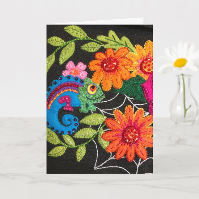 Carte Gecko Lizard Stitched Felt Beads Sequins (Petite plante)