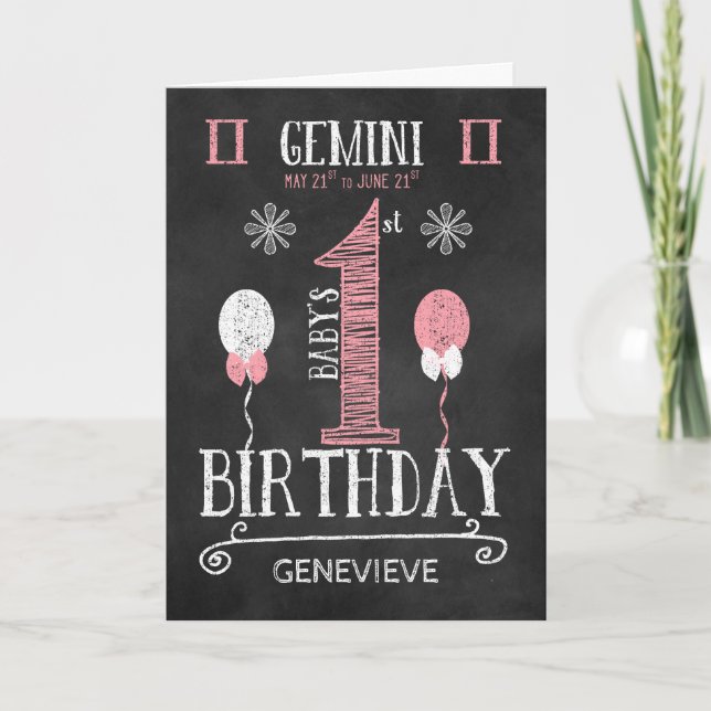 Carte GEMINI Fille 1er anniversaire Né du 21 mai au 21 j (Devant)