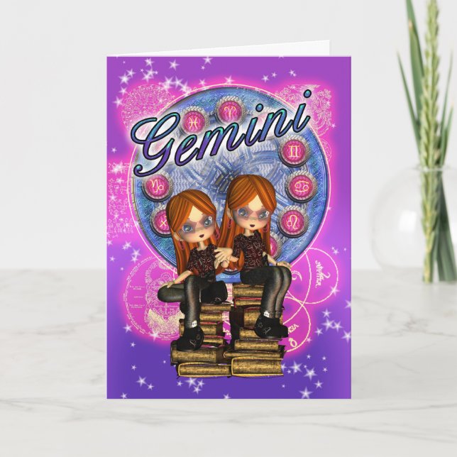 Carte Gemini Zodiac mignonne Avec Twin Girls Sur O (Devant)