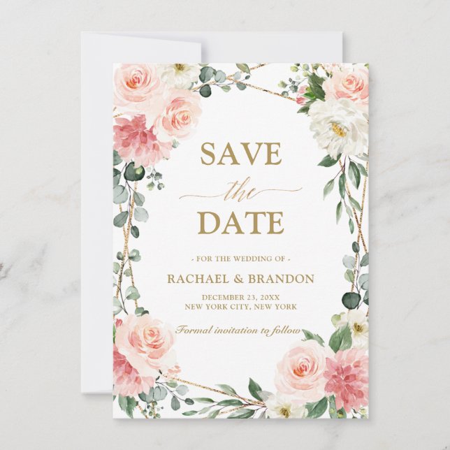 Carte Géométrique florale rose vif Enregistrer la date (Devant)
