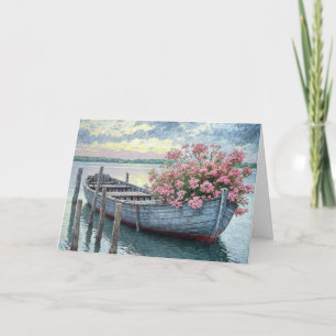 Carte Geraniums roses dans un bateau à roues pensant à v