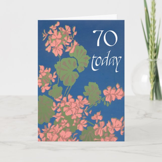 Carte Geraniums saumon rose sur Deep Blue, 70e anniversa (Devant)