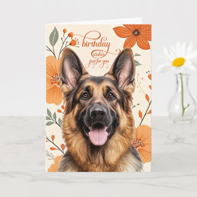 Carte German Shepherd Bold Retro Orange Flowers Birthday (Petite plante)
