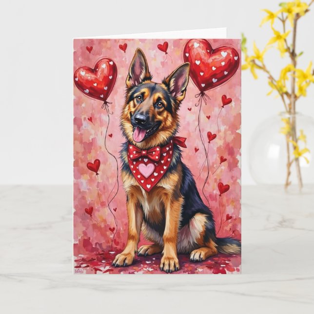 Carte German Shepherd Valentine’s Day Dog with Hearts (Fleur jaune)