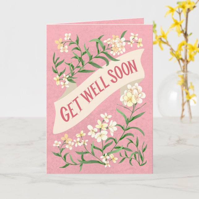 Carte Get Well Soon Pink Soft Pastel Floral Banner (Fleur jaune)