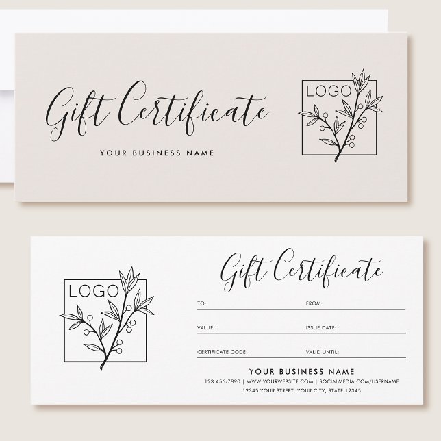 Carte Gift Certificate Logo Script Minimalist Off-White (Créateur téléchargé)