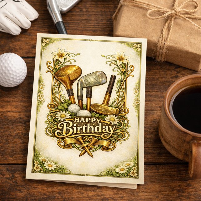 Carte Gilded Golf Antique Illustration Birthday (Créateur téléchargé)