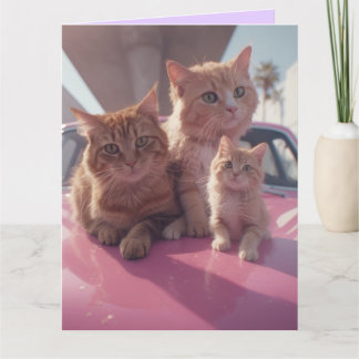 Carte Ginger cat & pink classic car BIRTHDAY Greeting