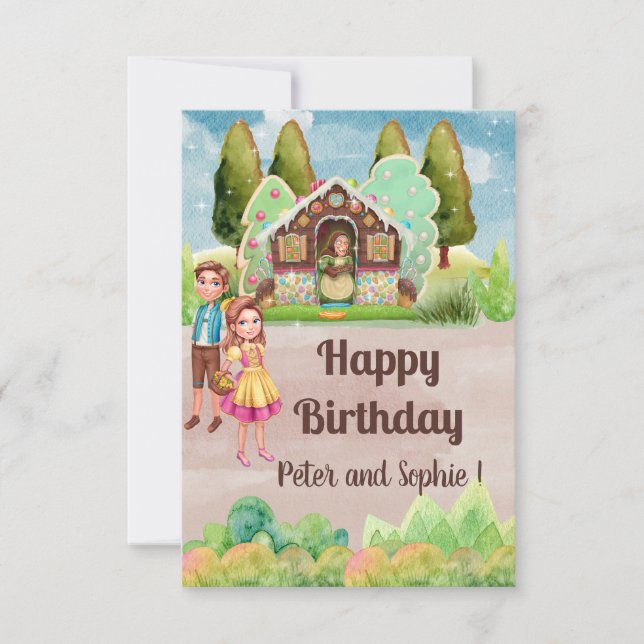 Carte Gingerbread House Hansel et Gretel jumeaux anniver (Devant)
