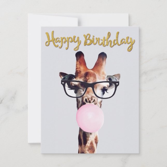 Carte Girafe Portant des lunettes soufflant rose bulle g (Devant)