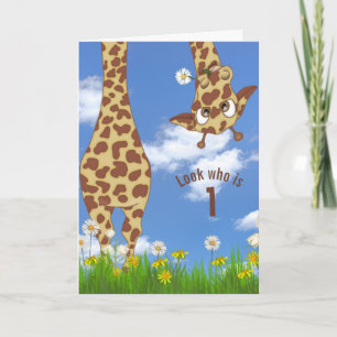 Carte Girafe pour premier anniversaire dans l'herbe cart