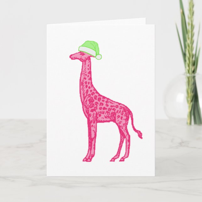 Carte Girafe rose avec chapeau de Père Noël vert (Devant)