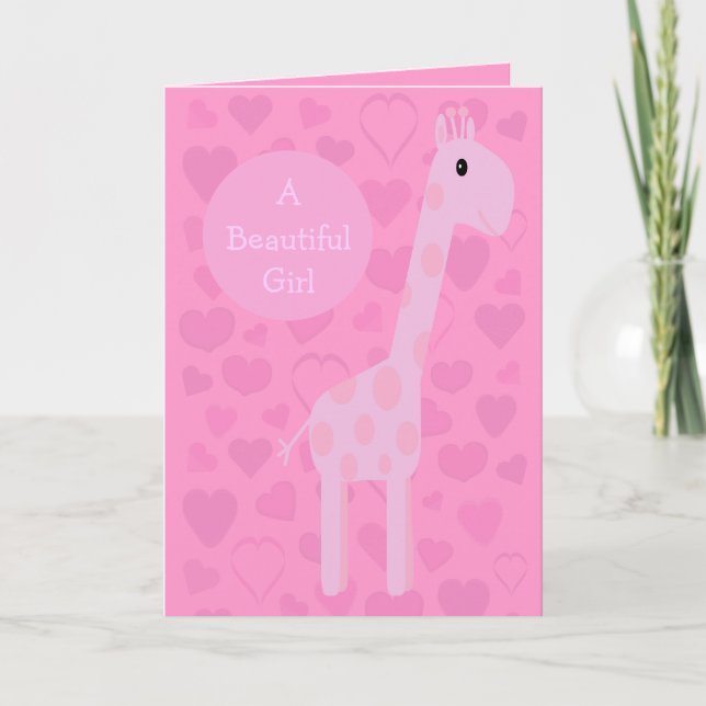 Carte Girafe Rose mignonne & Coeurs Nouveau bébé fille (Devant)