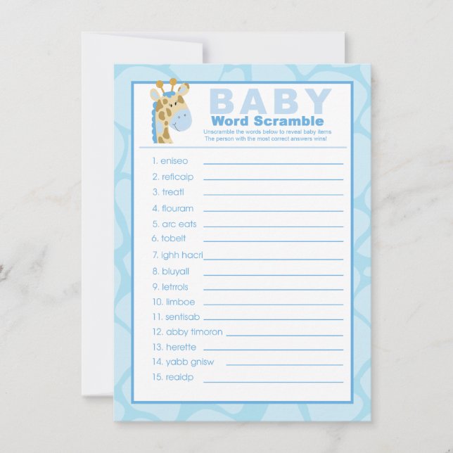 Carte Giraffe Bleue Baby shower Mot Scramble Jeu (Devant)