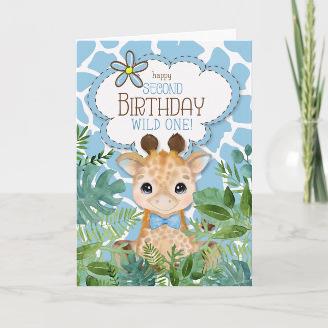Carte Giraffe de la Jungle Bleue du garçon Thème 2ème an (Devant)