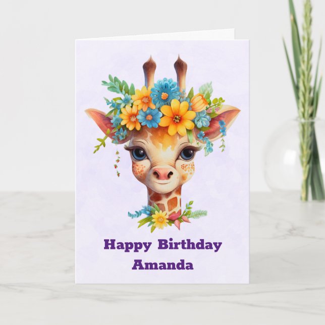 Carte Giraffe mignonne avec la couronne fleurie Annivers (Devant)