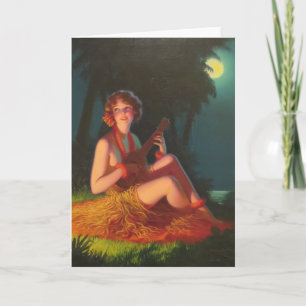 Carte Girl à Moonlight with Banjo Ukulele