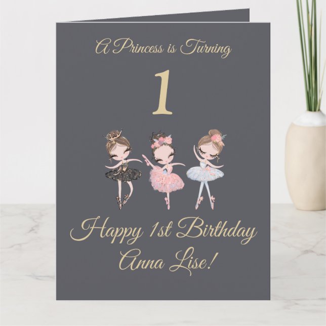 Carte Girl Gold Grey Ballerina Princess 1er anniversaire (Devant)