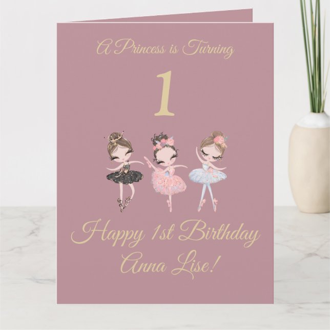 Carte Girl Gold Pink Ballerina Princess 1er anniversaire (Devant)
