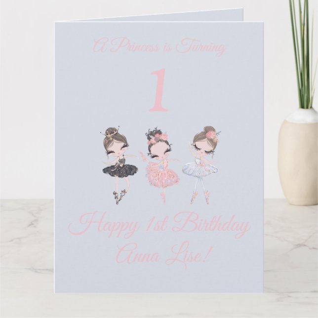 Carte Girl Gold Pink Ballerina Princess 1er anniversaire (Devant)