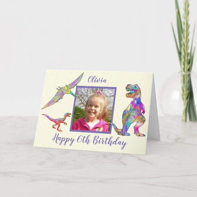 Carte Girls Dinosaur 6th Birthday Ajouter nom et photo (Devant)