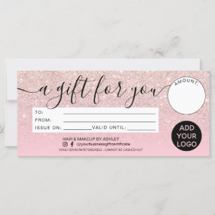 Carte Girly rose parties scintillant ombre certificat ca