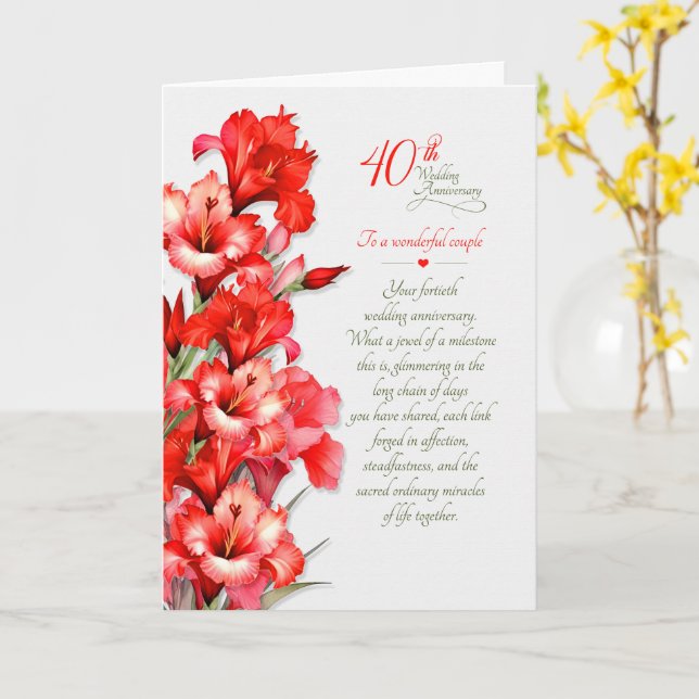 Carte Glaïeul rouge pour les 40 ans de mariage d'un coup (Fleur jaune)