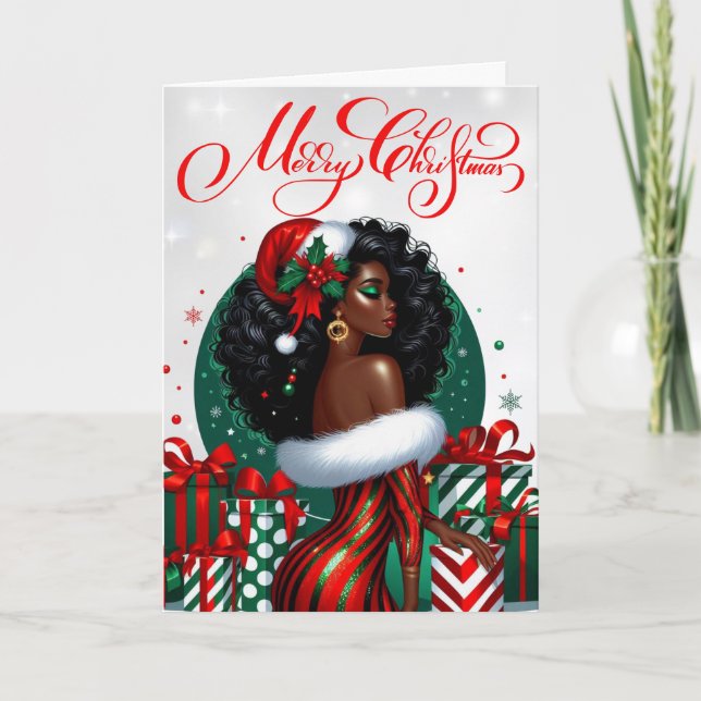 Carte Glam Black Woman Festive Noël élégant (Devant)