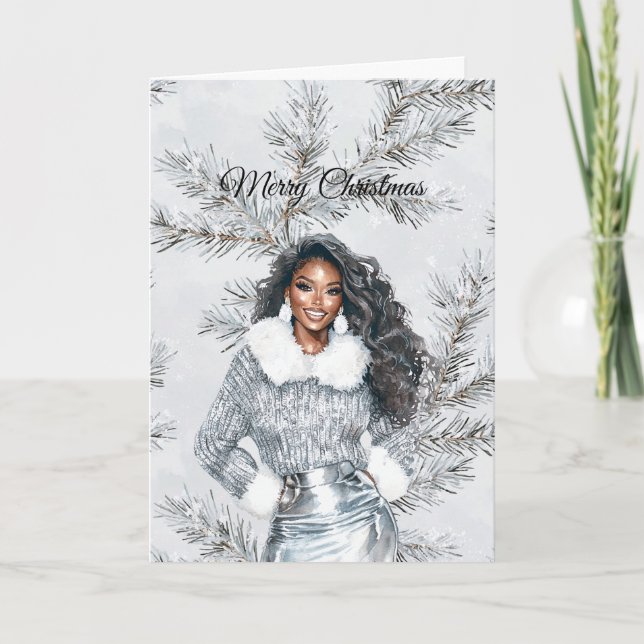 Carte Glam Black Woman Silver Christmas Tree Branches (Devant)