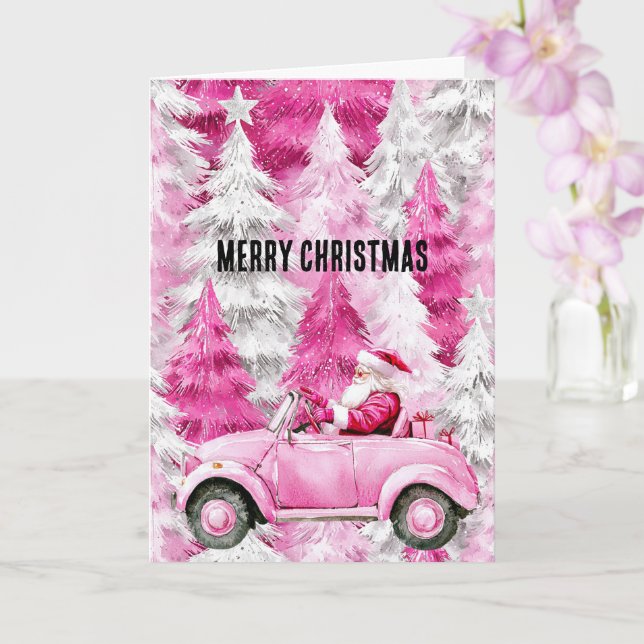 Carte Glam Pink Arbres de Noël Père Noël en voiture (Orchidée)