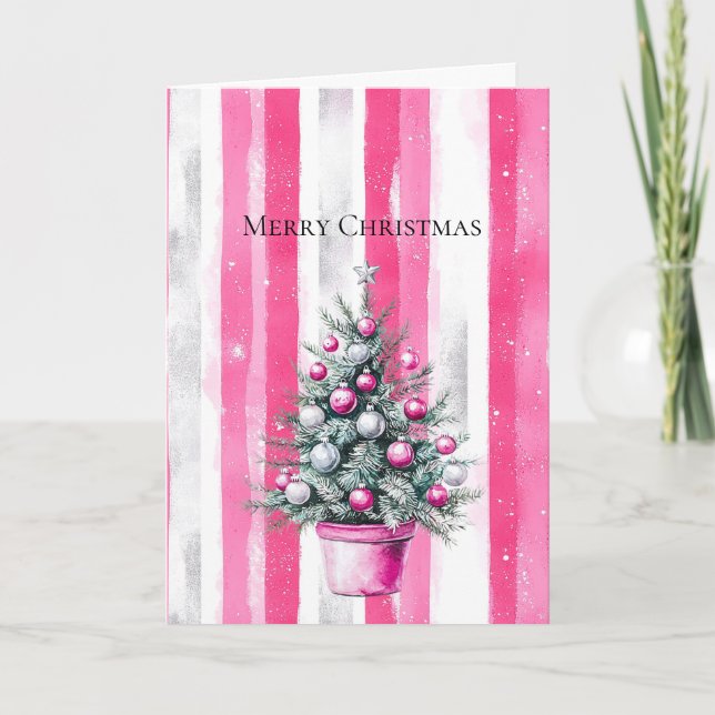 Carte Glam Pink White Christmas Tree Stripes (Devant)
