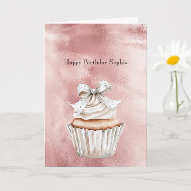 Carte Glam Rose Blush Glitzy Silver Bow Cupcake Birthday (Petite plante)