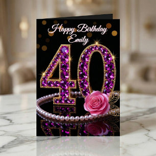 Carte Glamour Diamants Violets Perles Rose 40e Anniversa