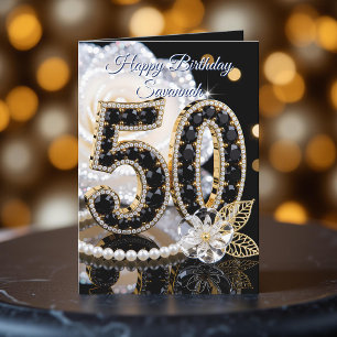 Carte Glamourueux Anniversaire 50 Ans Gemme Noire Rose B