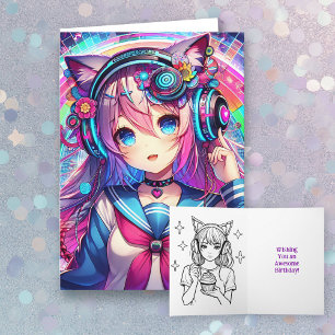 Carte Glitchcore coloré Anime Girl Anniversaire Colorati
