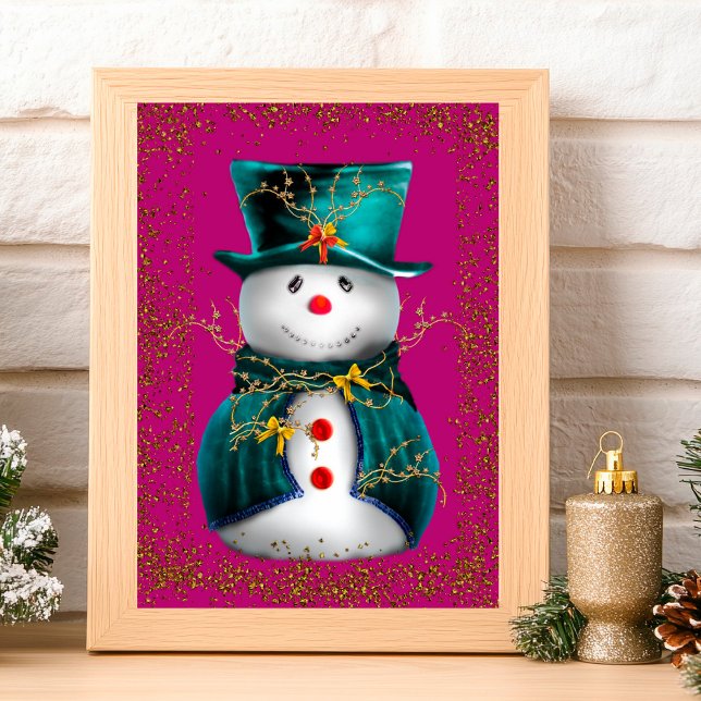 Carte Glittering Green Velvet Snowman Pink Christmas (Glittering Green Velvet Snowman Pink Christmas Card by the Olde Christmas Shoppe)