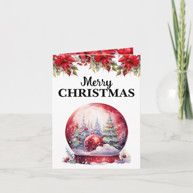 Carte Globe de neige rouge avec ornements Joyeux Noël (Devant)