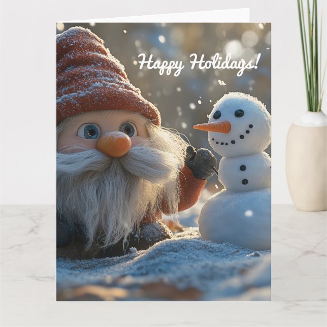 Carte Gnome adorable et bonhomme de neige dans un pays d (Devant)