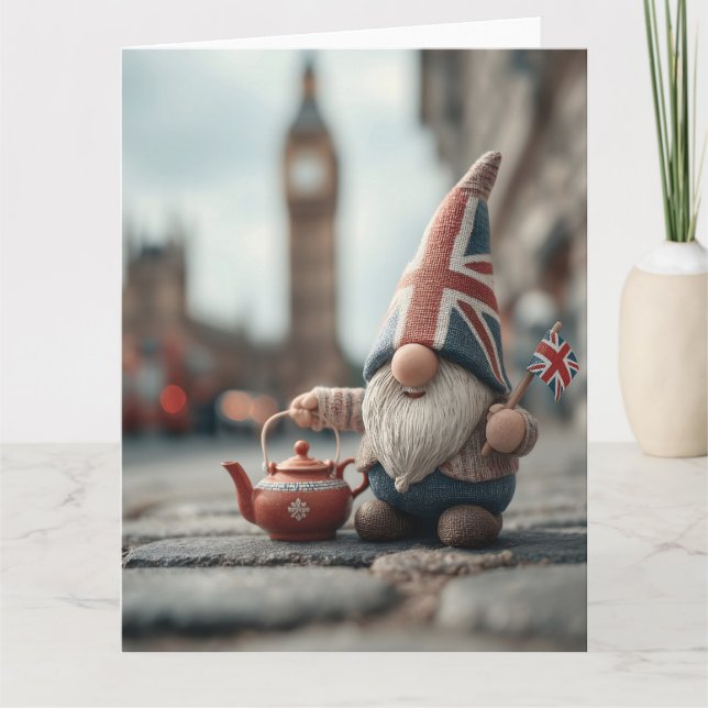 Carte Gnome britannique avec Casquette Union Jack et thé (Devant)