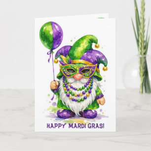 Carte Gnome de Mardi Gras avec ballon de fête