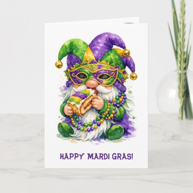 Carte Gnome de Mardi Gras mangeant une galette des rois (Devant)