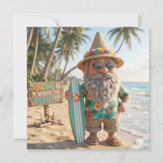 Carte Gnome surfeur sur une plage tropicale avec planche